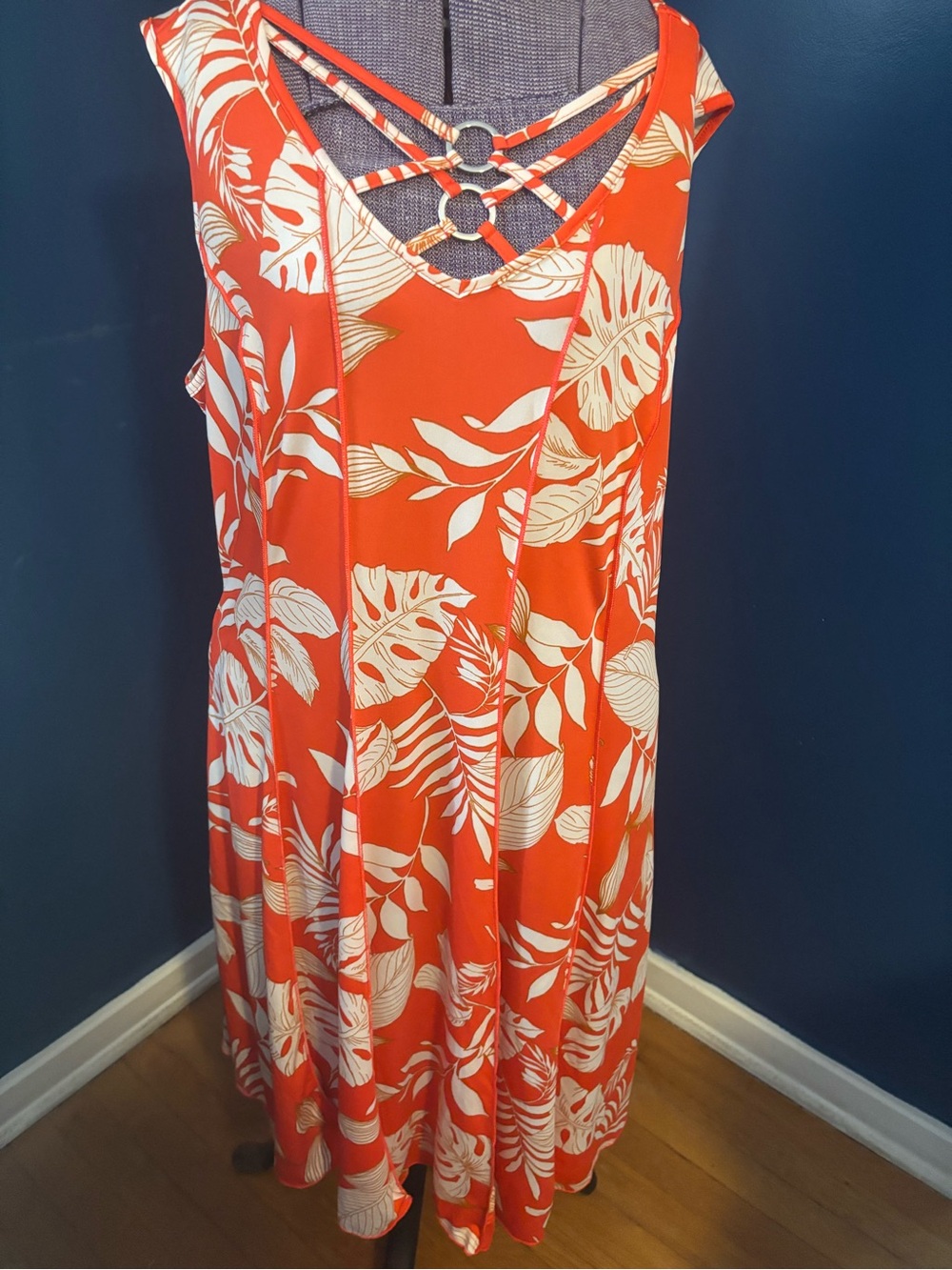 Sami & Jo Orange Tropical Print Dress with Strappy V-Front & Rings - orig $70 - Picture 4 of 10